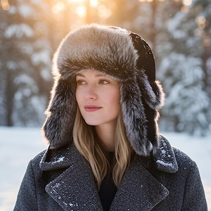 May include: A charcoal grey wool-blend coat with a notched lapel and two front pockets, paired with a black faux fur ushanka hat featuring ear flaps and a thick, textured brim. The coat has a single button closure and a structured, tailored fit.