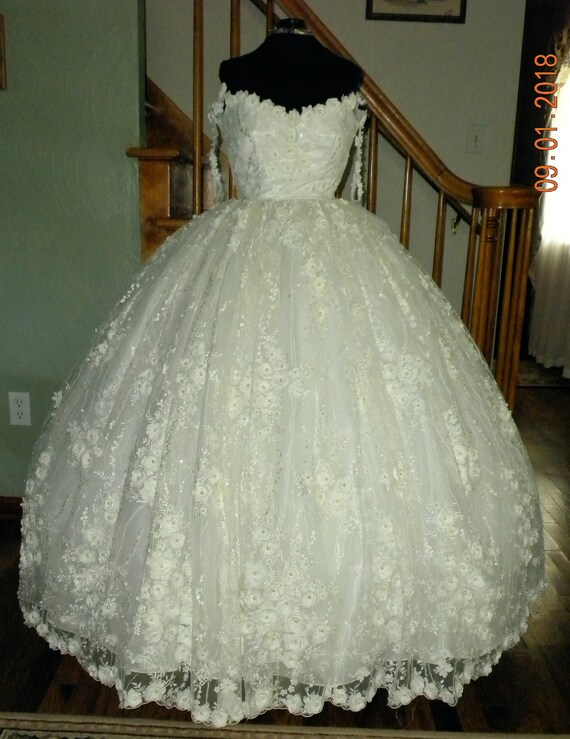 White Wedding Ball Gown 3d Flowers Long Sleeve Sweetheart Etsy