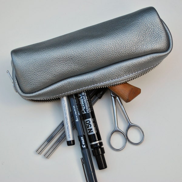 Leather pencil case 'Sonic Silver' ripley textured supple and soft metallic with YKK zip handmade in England makeup bag cosmetic case