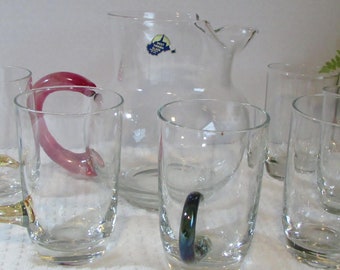 West Virginia Glass Pitcher Set - Includes 6 Glasses - Rare - Hand Blown Glass - Assorted Colored Handles - Mid Century Modern - Home Decor