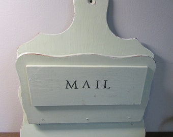 Lovely Reconditioned Wall Pocket - File / Mail Holder - Distressed - Pale Green Painted Wood - MC Wall Art / Wall Hanging - Home Decor