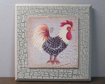 Small Chicken Rooster Plaque / Picture - Wall Art / Wall Hanging - Black White & Red Rooster, Crackle Paint Mat - Kitchen Home Decor