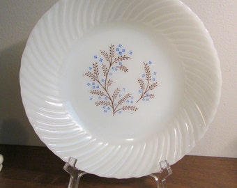 Lovely Milk Glass Dish - Salad Soup Bowl - Blue Flowers / Brown Branch - Swirl Rim - Termocrisa Glass - Choose Qty - Kitchen Home Decor