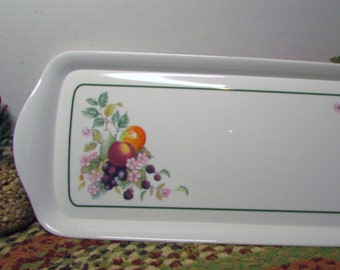 Tray - White Melamine - Fruits & Flowers - Decorative Serving Tray with Handles - Farm Kitchen Decor - Sturdy Lightweight - Home Decor