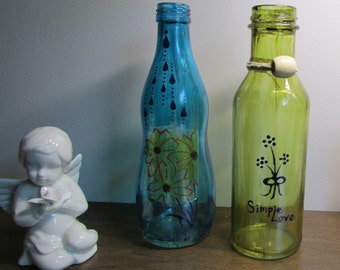 Cute Painted Bottles - Recycled Folk Art - Unique Blue & Green Decorative Jars / Vases - Repurposed Glass - Comfy Cottage Kitchen Home Decor