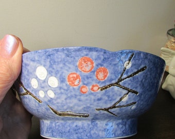 Pretty Asian Bowl - Blue White Pebble Glaze - Hand Painted - Footed Bowl - Candy Dish / Rice Soup Serving Bowl - Kitchen Home Decor