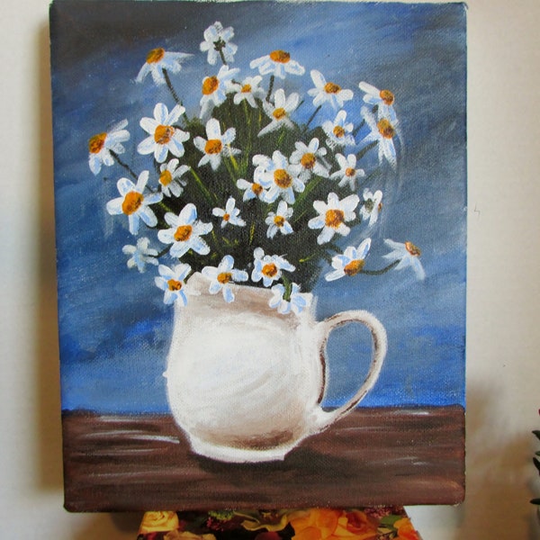 Study in Blue / White Daisies & Pitcher Still Life Picture, Wall Art Wall Hanging, Artist Signed Unframed, Cottage Farm Home Home Decor