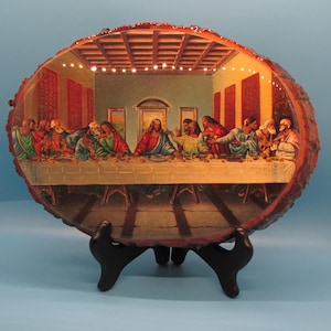 Last Supper Religious Plaque: Vintage Decoupage Live Edge Wood Slice