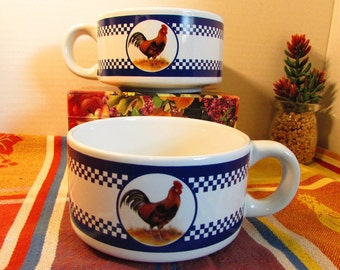 Chicken Motif Soup Mugs - Houston Harvest Rooster - Set of 2 - Stackable Ceramic Cups - Checker Trim - Colorful - Home Decor