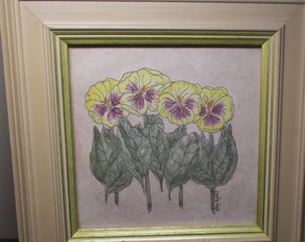 Pretty Pansies Picture - Wall Art / Wall Hanging - Yellow & Purple - Artist Mary Hughes - Wood Framed / Under Glass, Home Decor