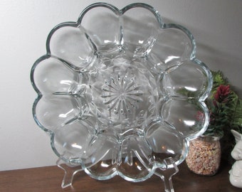 Egg Plate - Anchor Hocking Presence Pattern Glass - 12 Egg Holders - Decorated / Deviled Eggs - Relish Dish - Mid Century Kitchen Home Decor