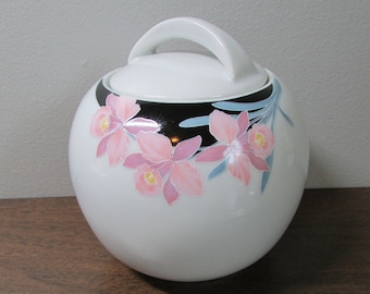 Sweet Sugar Bowl & Lid - Unique Round Sphere Shape - Pretty Orchids Black on White Ceramic - Mid  Century Modern - Kitchen Home Decor