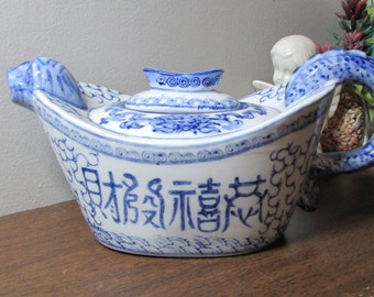 Asian Teapot - Blue & White Dragon Shape - Chinese Saying with Graphics - Asian Knick Knack Figurine - Home Decor