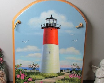 Lighthouse Nauset Cape Cod Eastham Maine - Painted Wood Plaque - Wall Art / Wall Hanging - Hand Painted - Curved Top - Home Decor