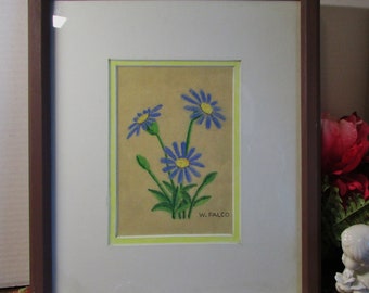 Blue Cornflowers Still Life - Oil Pastel - Artist Signed W Falco - Wall Art Wall Hanging - Framed Under Glass - Farm Kitchen Home Decor