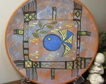 Seminario Ceramic - Hand Crafted - Peruvian Redware - 10" Plate - Blue Fish Tribal Art Design - Unique Gift -  Home Decor