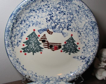 Cabin in the Snow Pattern 10" Dinner Plate - Folk Craft by Tieshan - Stoneware - Blue Sponge - Cabin Home Decor, Choose Qty1 to 4