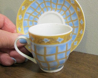 Sweet Demitasse Set Cup & Saucer - Bijoux Terner Rope Pattern - Blue Yellow Gold - Knick Knack - Nautical Theme - Kitchen Home Decor