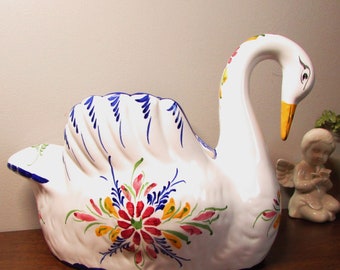 Lovely Swan Planter - Decorative Hand Painted Ceramic - Made in Portugal - Figurine / Knick Knack / Centerpiece Display -Colorful Home Decor