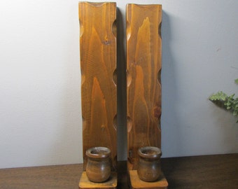 Rustic Candle Sconces - Set of 2 - Stained Wood - Wall Candle Sticks - Wall Art Wall Hanging - 70s Primitive Colonial Folk Art - Home Decor