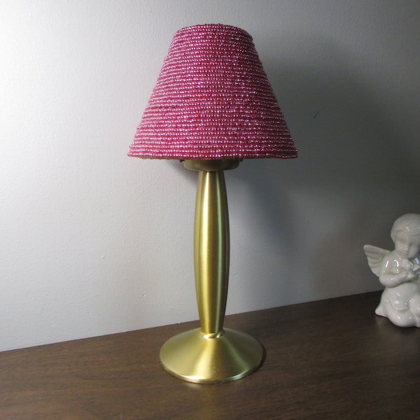 Tall Brass Votive Lamp - Reddish Beaded Shade - Golden Brass Holder with Votive - Night Light - Hall / Foyer Light - Kitchen Home Decor