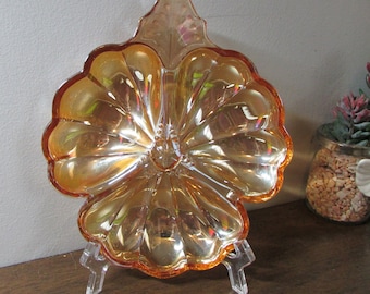 Marigold Carnival Glass Dish - 3 Part Clover Divided - Jeannette Doric Iridescent Glass Dish - Candy Dish - Kinck Knack - Home Decor
