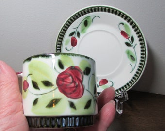 Demitasse Cup & Saucer - Boch Belgium China - Red Rose Green Flowers Black Trim - Knick Knack - Home Decor