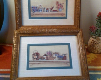 Matched Set 80s Primitive Prints, 2 Wall Art / Wall Hangings - Country Scenes Shelves with Knick Knacks - Vintage Home Decor