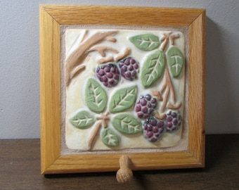 Wood Framed Tile With Peg - Purse Hook - Mug or Cup Holder - Pretty Raspberries Canes & Leaves - Hand Crafted Folk Art - Kitchen Home Decor