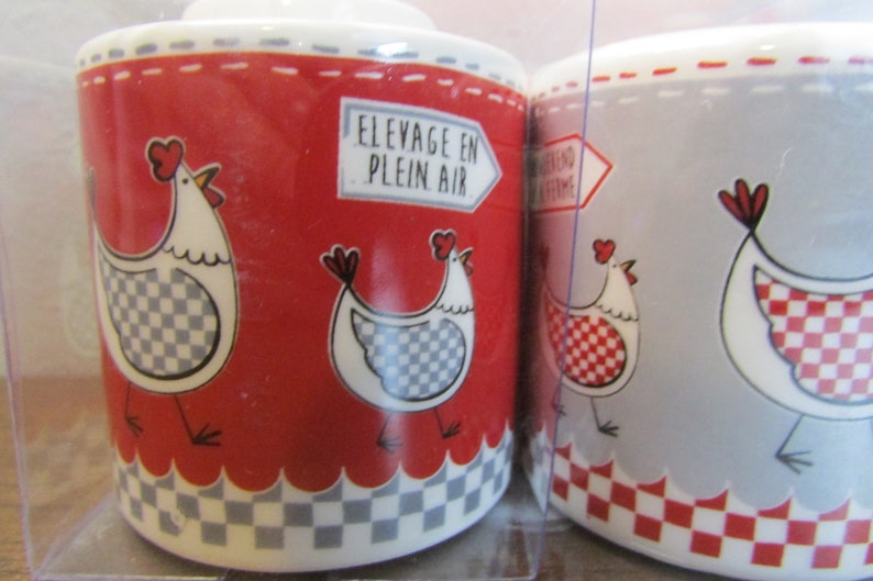 French Made Chicken Motif Salt & Pepper Shaker NOS Original Box Red White Ceramic Adorable Kitchen Must Have Kitchen Home Decor image 2