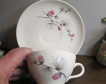 Unique Wild Clover Pattern - Cup & Saucer - Sky Line Cannonsburg china - Made in USA - Black Purple Pink - Farm Kitchen Home Decor