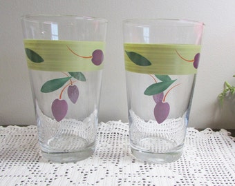 Green Band & Olives Drink Glasses - Purple Green - Libby Mixed Drink or Water Tumblers - Kitchen Decor - Home Decor