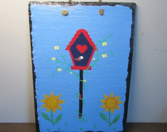 Birdhouse Slate Sign - Hand Painted Plaque - Indoor Outdoor Wall Art Wall / Hanging - Hearts & Sunflowers on Blue Background - Home Decor