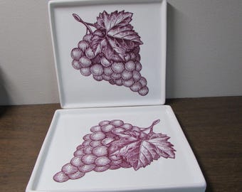 Beautiful 5&quot; Square Plates from Gourmet du Village Canadian Ceramic Purple Grapes Snack Plates Set of 2 Farm Home Decor