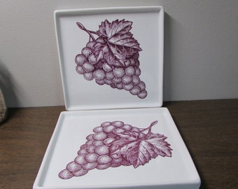 Belles assiettes carrées - Céramique canadienne - Gourmet du Village - Raisins violets - Assiettes à collation - Plats à tapas - Lot de 2 - Décoration d'intérieur