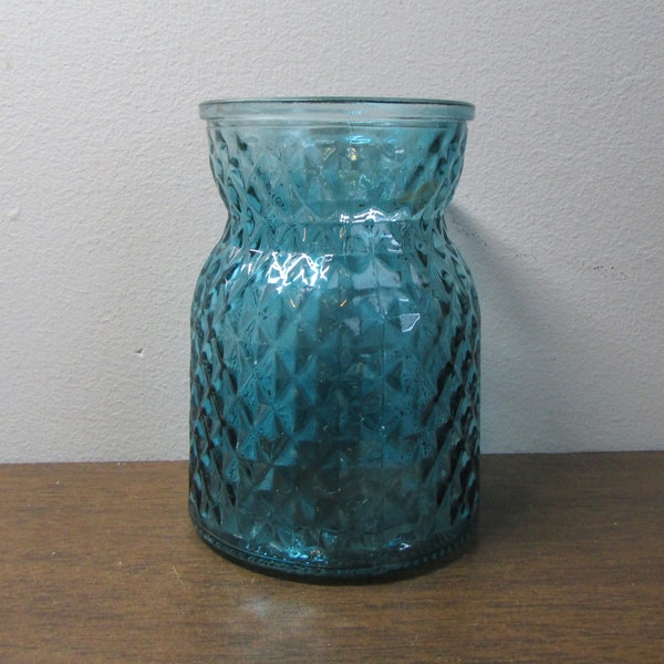 Glass Vase Quilted Diamond Pattern - Outstanding Turquoise Color - Pinched Neck - Whimsical Cottage Charm - Farm Kitchen Home Decor