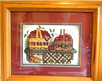 Primitive Country Picture - Apples, Baskets & Quilt on Shelf - Wood Frame Under Glass - Bright Colorful Wall Art - Fall - Harvest Home Decor
