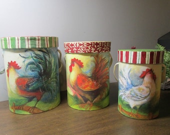 Nesting Boxes Round Canisters - Set of 3 - Colorful Chickens - Drum Style with Handles - Whimsical Cozy Farm Country Kitchen - Home Decor