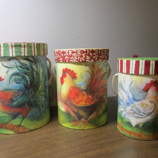 Nesting Boxes Round Canisters - Set of 3 - Colorful Chickens - Drum Style with Handles - Whimsical Cozy Farm Country Kitchen - Home Decor