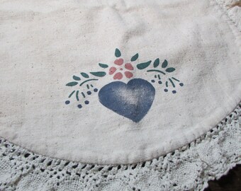 Muslin Linen Table or Dresser Runner - Lace Trim - Hand Crafted - Primitive Country - Cottage Charm - Blue Heart Stencil - Home Decor