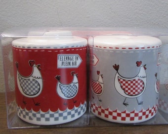 French Made - Chicken Motif - Salt & Pepper Shaker - NOS - Original Box - Red White Ceramic - Adorable Kitchen Must Have -Kitchen Home Decor