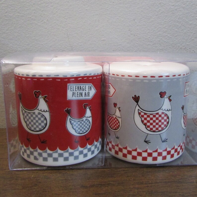French Made Chicken Motif Salt & Pepper Shaker NOS Original Box Red White Ceramic Adorable Kitchen Must Have Kitchen Home Decor image 1
