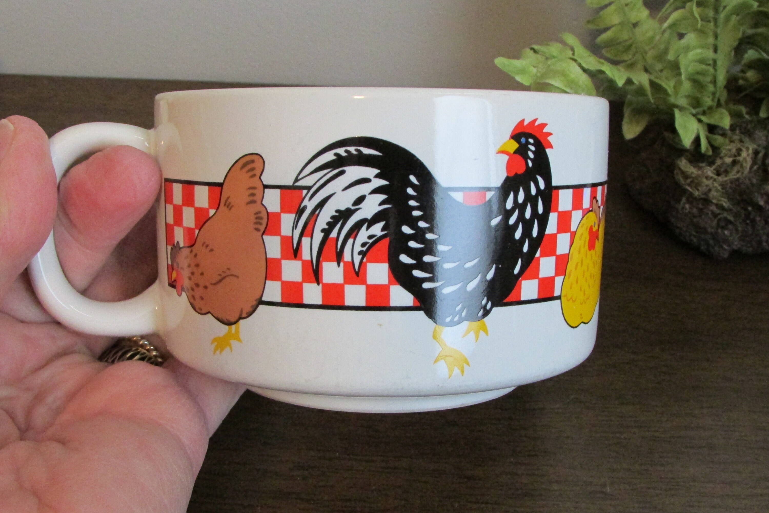 Mug Chickens & Roosters on Red Checker Wrap Around Soup Etsy