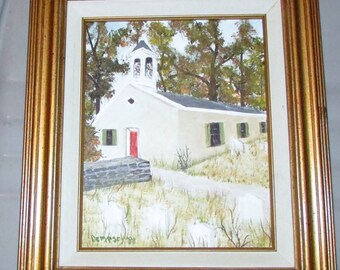 Country Chapel with Red Door - Oil Painting Picture - Wall Art /  Wall Hanging - Artist Signed & Dated - Religious Art - Farm Home Decor