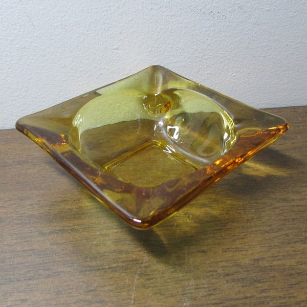 Ash Tray - Anchor Hocking Citron Amber Yellow Glass Square - 4 Cigarette Indents - Personal Size - Carnival Glass - Mid Century Home Decor