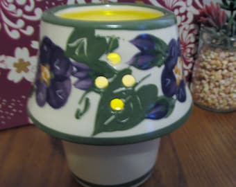 Votive Candle Holder - Hand Painted Ceramic - Spring Violets / Pansies - Unique Folk Art - Mid Century Home Decor