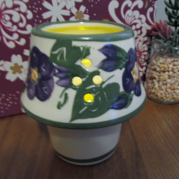 Votive Candle Holder - Hand Painted Ceramic - Spring Violets / Pansies - Unique Folk Art - Mid Century Home Decor