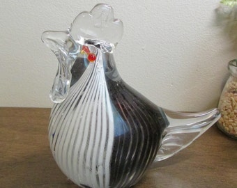Rooster Glass Figurine - Collectable Art Glass Paperweight - Hand Crafted Glass - Black & White Chicken Figurine - Knick Knack - Home Decor