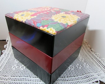 Beautiful & Useful Stacking Boxes - Asian Faux Lacquer - Red / Black / Floral Lid - Decorative Storage - Asian Style - Farm Home Decor