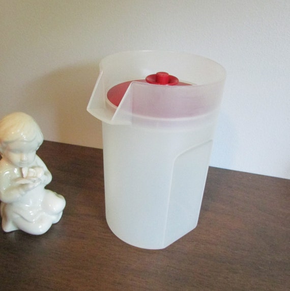 Vintage Tupperware Small Pitcher Red Push Button Top Frosted White Base  1681-3, Kitchen Must Have, Home Decor 